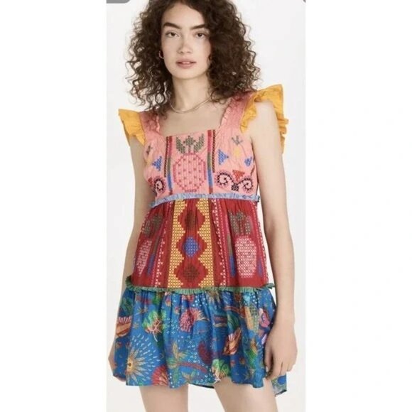 Farm Rio colorblock embroidered tropical tiered ruffle mini dress - Picture 2 of 13